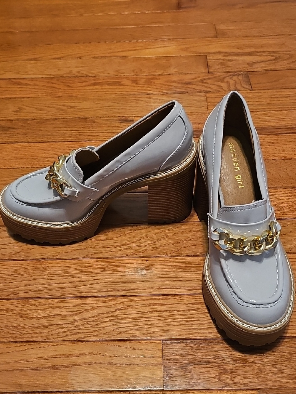 Madden Girl Chunky Heel Loafers - Light Gray with Gold Chain